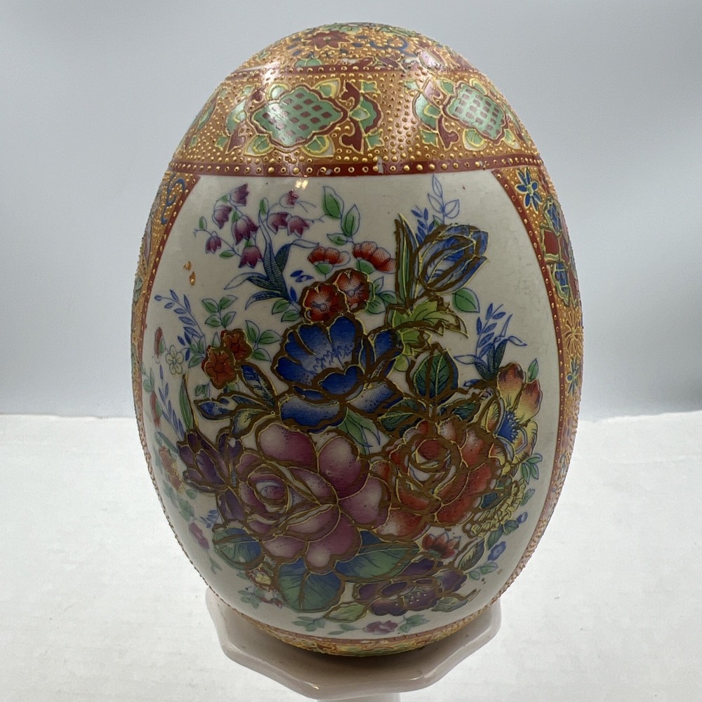 Vintage Chinese Satsuma‎ Egg Porcelain Flower Motif Hand Painted 6"